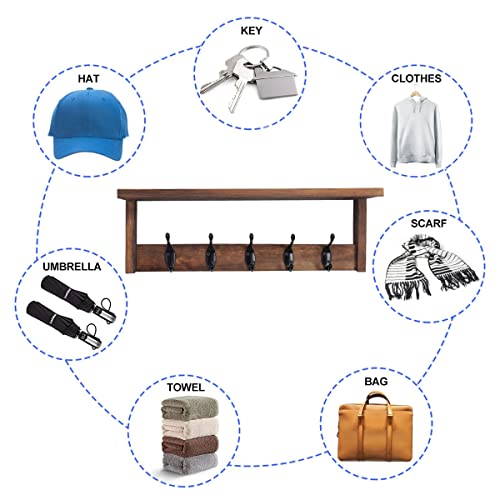 2 Pack Wall Mount Coat Rack with Shelf, Wood Hooks, Rustic Brown M99221