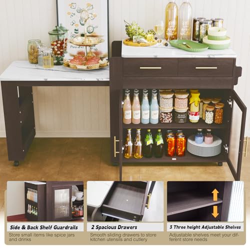 HLR Extendable Kitchen Island on Wheels with Power Outlet, Marble Grain Top G387582