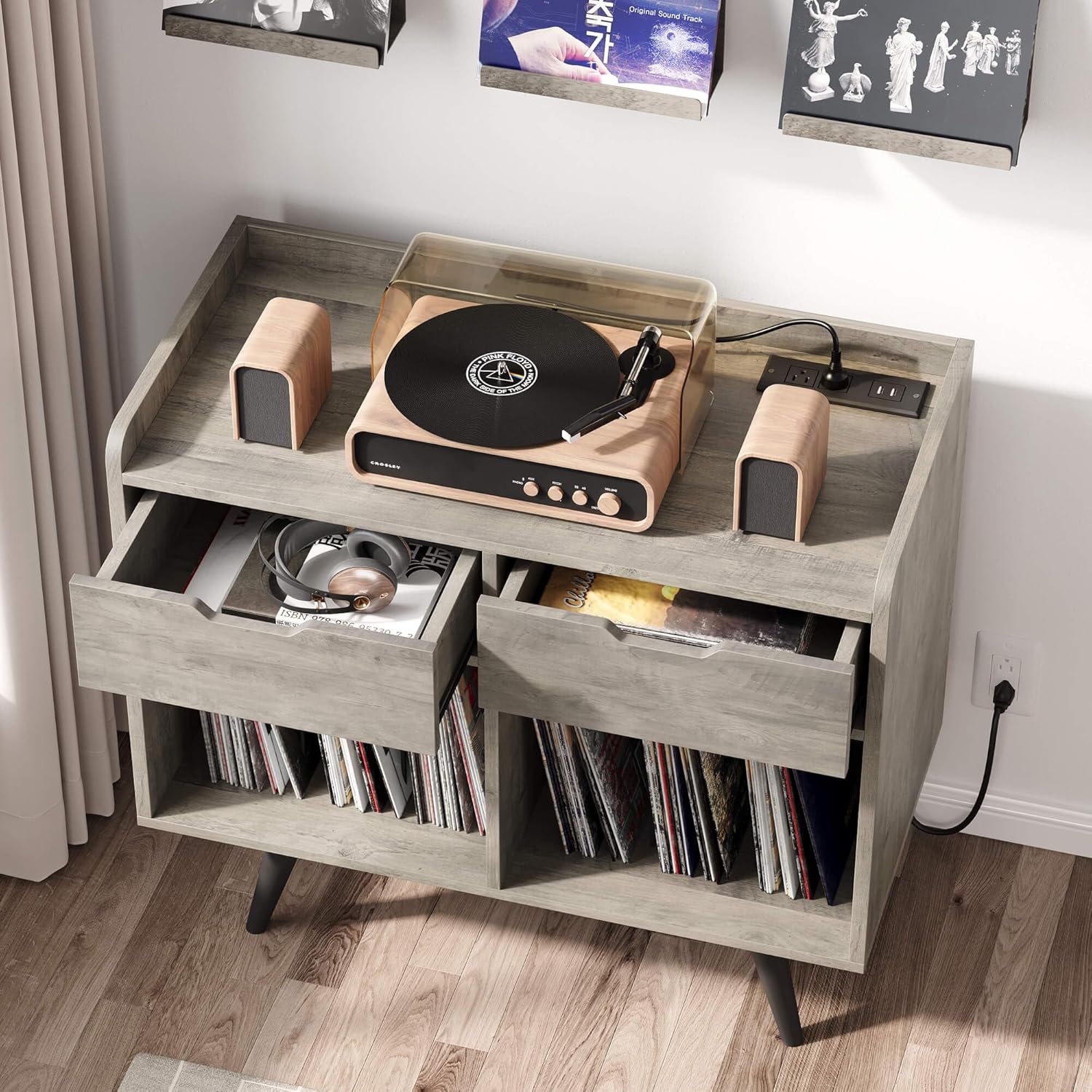 Record Player Stand with Storage, Farmhouse Turntable Cabinet, Gray S683