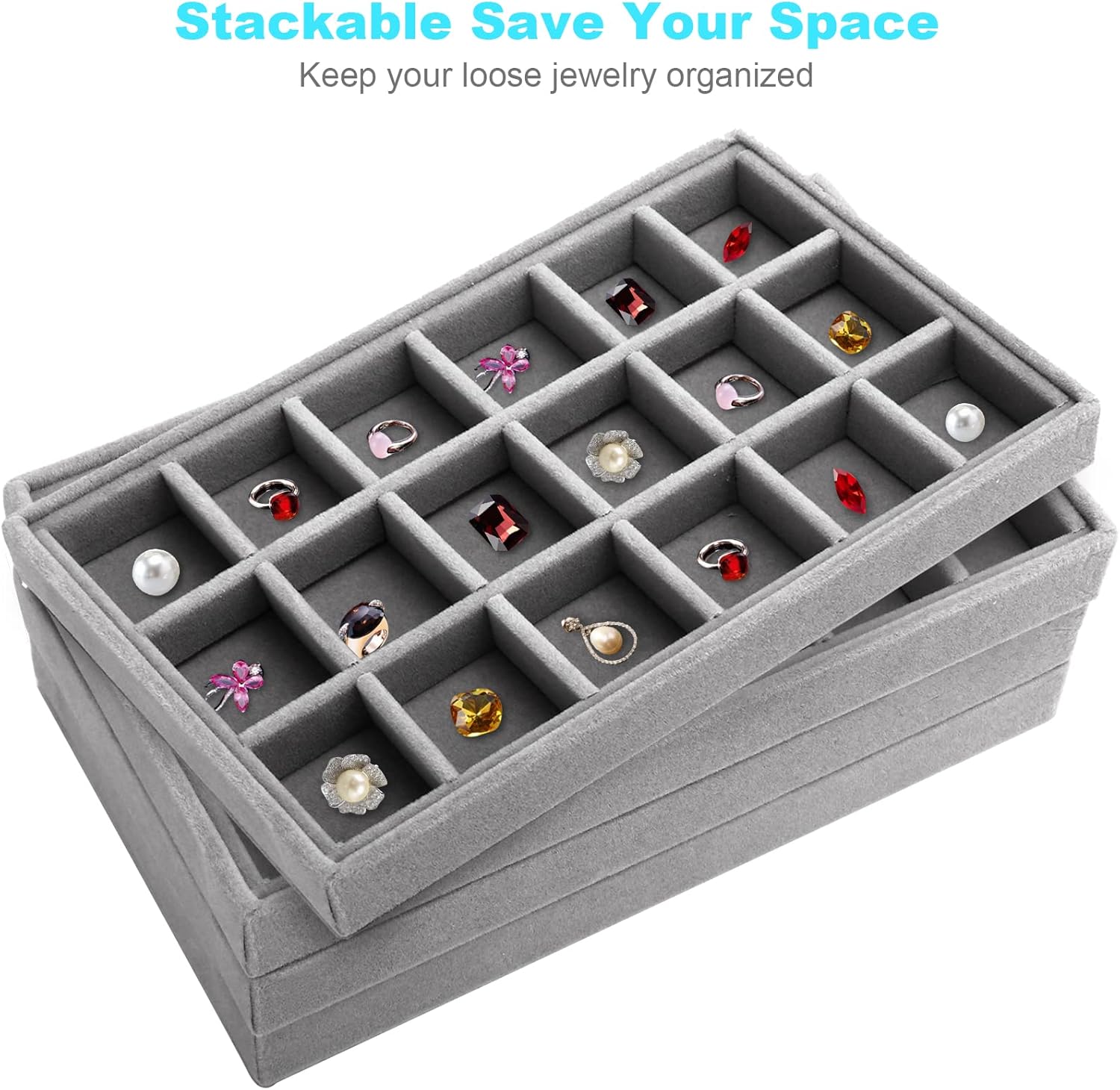 Stackable Jewelry Organizer Trays for Drawers with Removable Dividers X49693