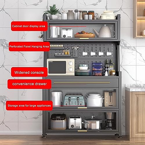 Kitchen Storage Cabinet with Drawers, Microwave Stand, Flip Door and Pegboard, Gray E3594