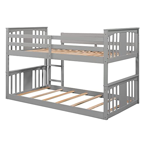 Harper & Bright Designs Solid Wood Twin over Twin Low Bunk Bed with Ladder and Guard Rail, Gray B944521