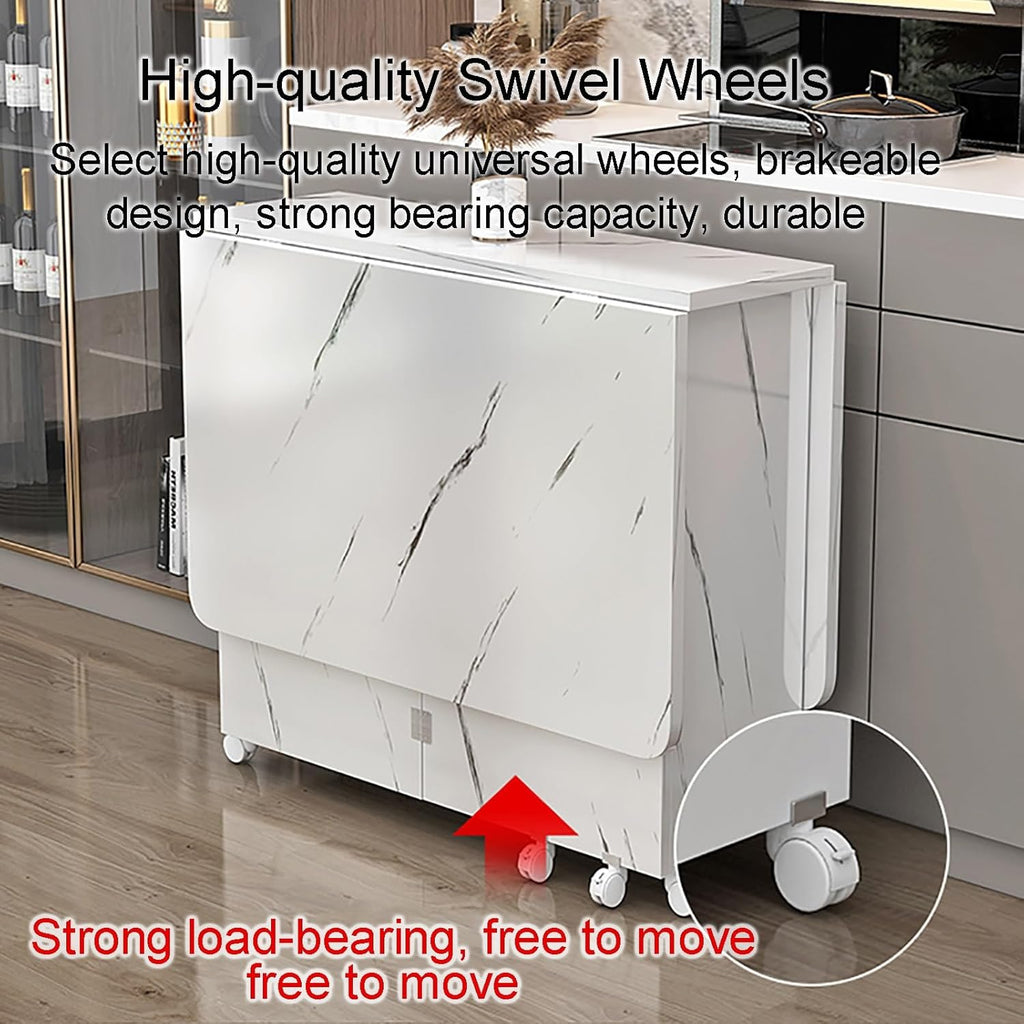 Extendable Drop Leaf Folding Dining Table with Wheels and Storage Shelf Y74446