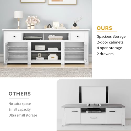 DWVO Farmhouse TV Stand with Power Outlet for TVs Up to 80 Inch, White P389