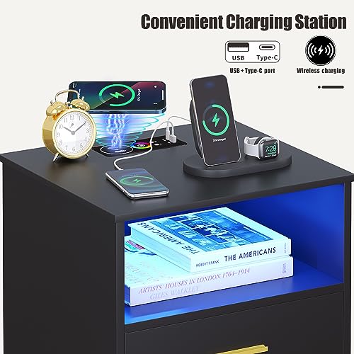 Nightstand Set of 2 with Charging Station and LED Light, Wood Bedside Table with 2 Drawers, Grey T490