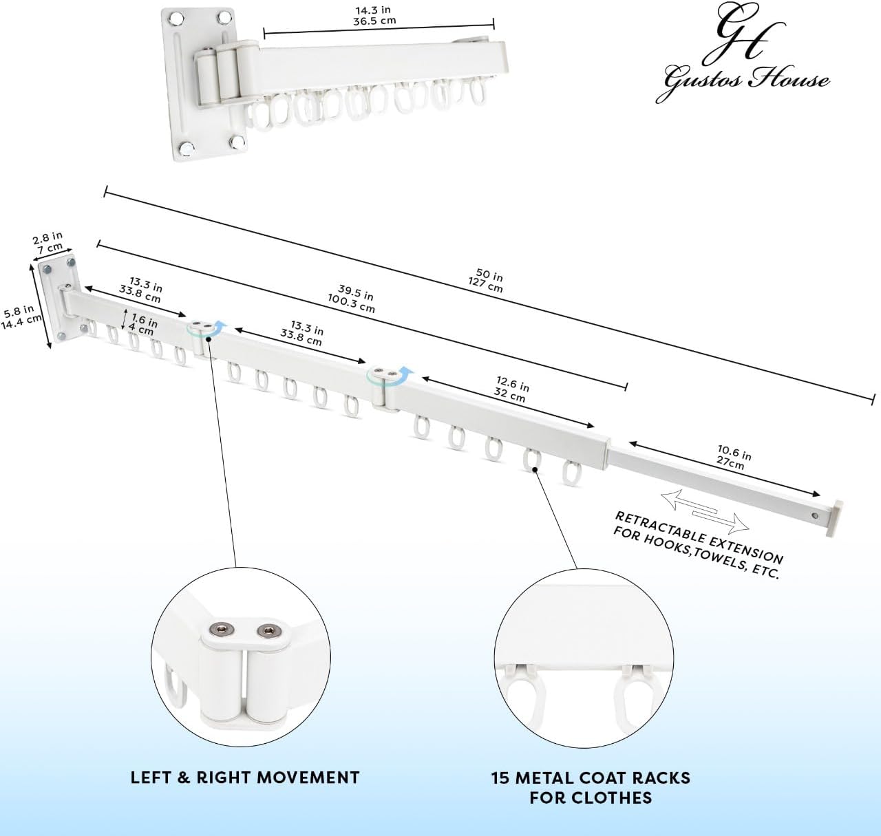 Wall Mounted Drying Rack with Extended Arms, Retractable Clothes Hanger P2953