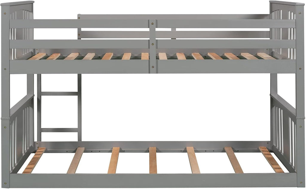 Twin over Twin Low Bunk Bed Frame Wood for Kids, Gray Z1308
