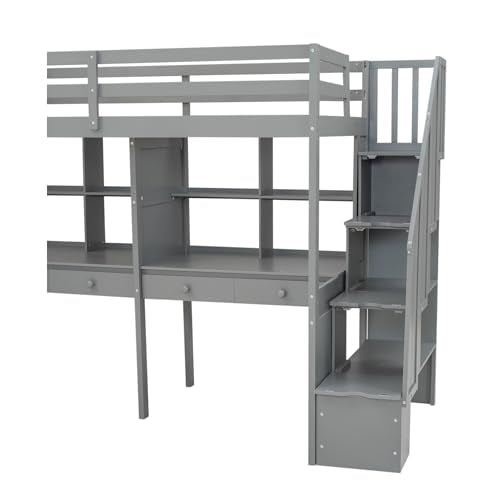 Full Size Loft Bed with Desk, Wardrobe and Storage Drawers, Gray N7914