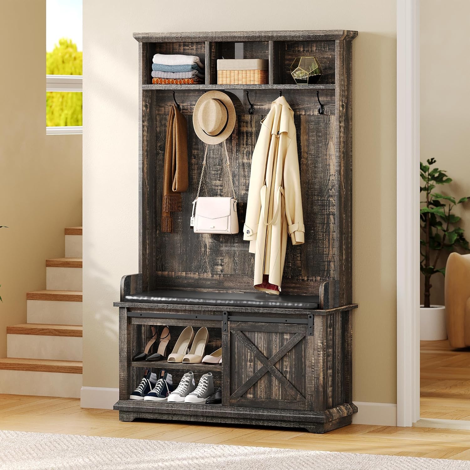 YITAHOME Hall Tree with Shoe Bench and Coat Rack, Dark Rustic Oak S657