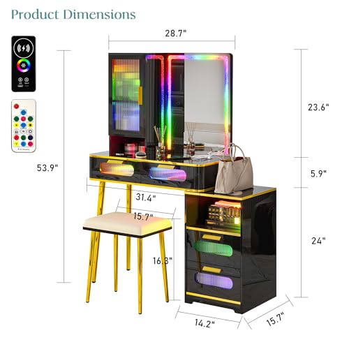 RGB LED Vanity Desk with Mirror and Lights, Charging Station, Black Q4438