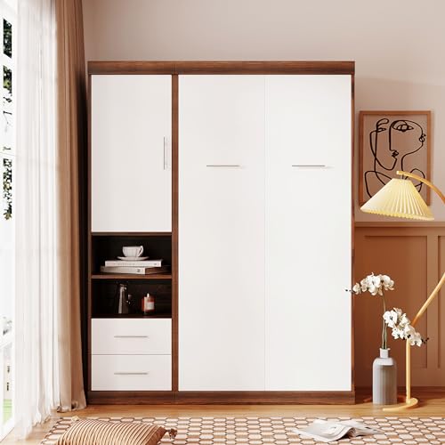 Murphy Bed with Cabinet, Foldable Wood Wall Bed for Guest Room, White T30875