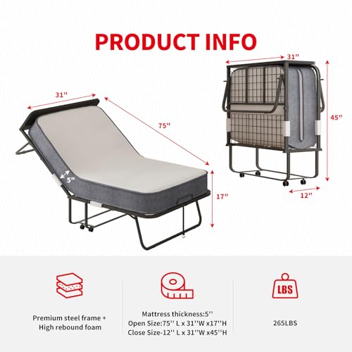 Folding Bed with Mattress for Adults, Twin Size, Metal Frame T61630