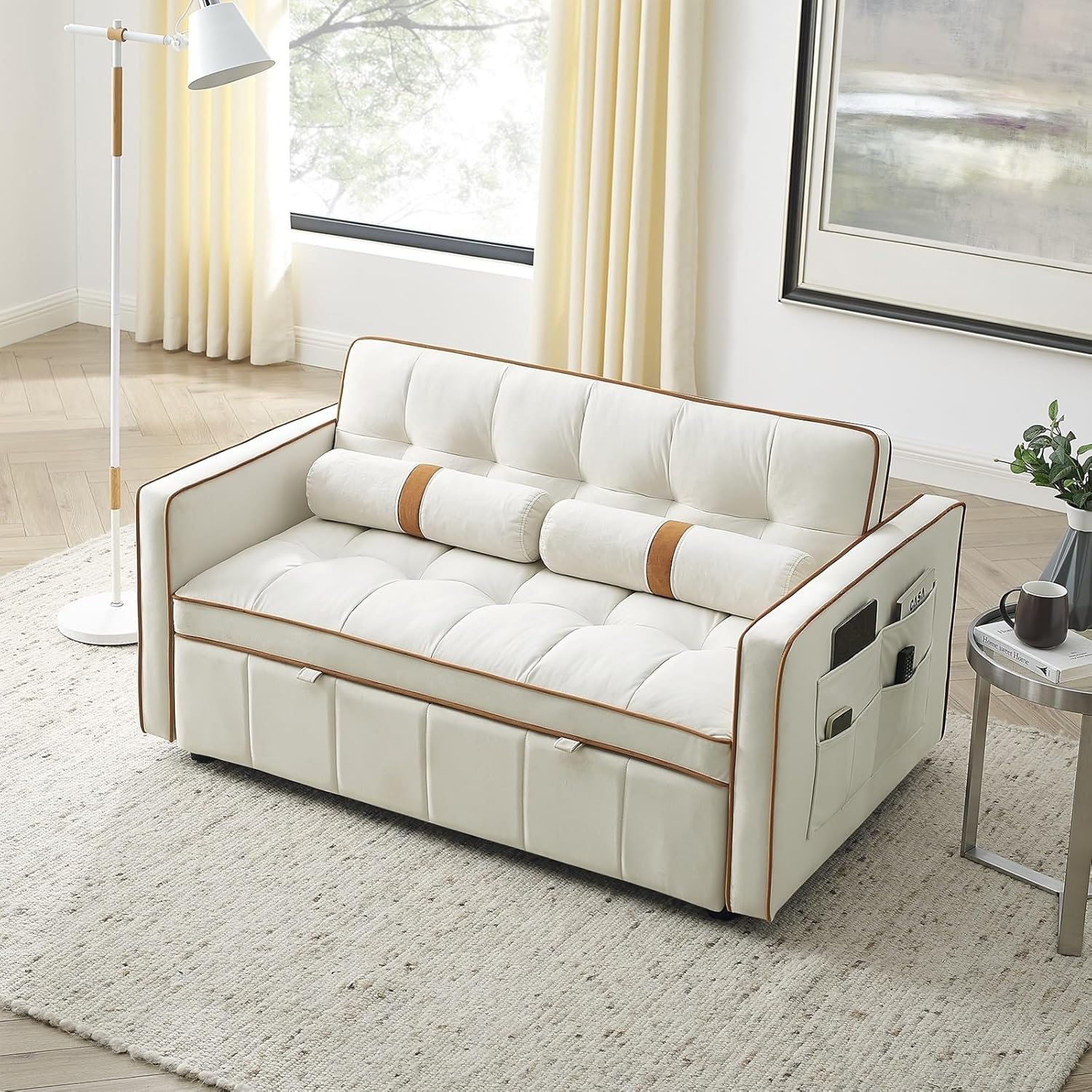 Modern 55.5" Pull Out Sleep Sofa Bed 2 Seater Loveseats Sofa Couch with Side Pockets, Adjsutable Backrest and Lumbar Pillows for Apartment Office Living Room, Beige