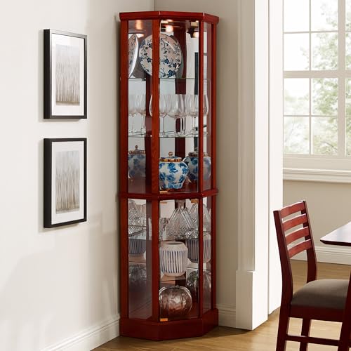 Lighted Corner Curio Cabinet with Tempered Glass Door, Walnut N1824