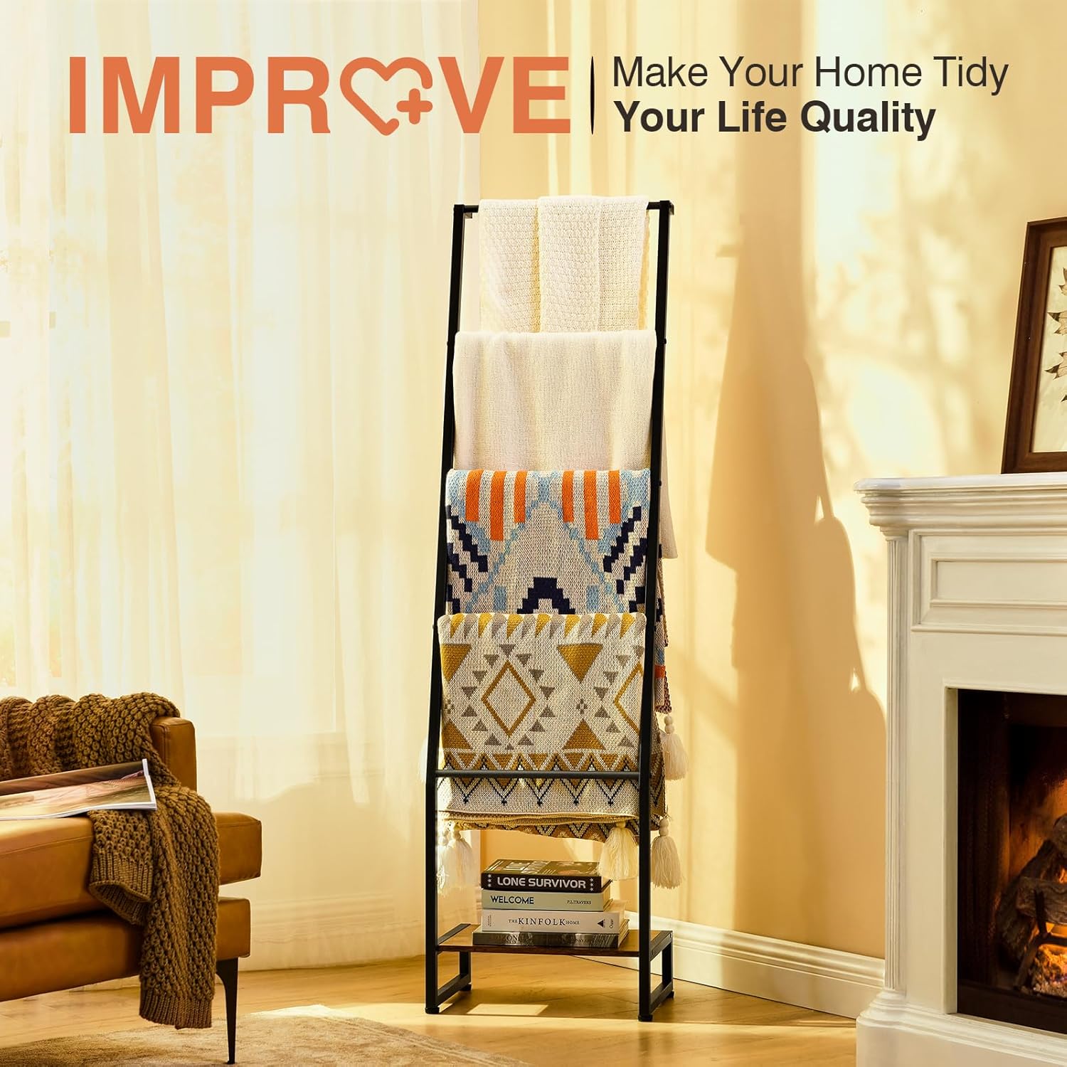 5 Tier Wooden Blanket Ladder for Living Room Bedroom Storage, Rustic Brown and Black R86079
