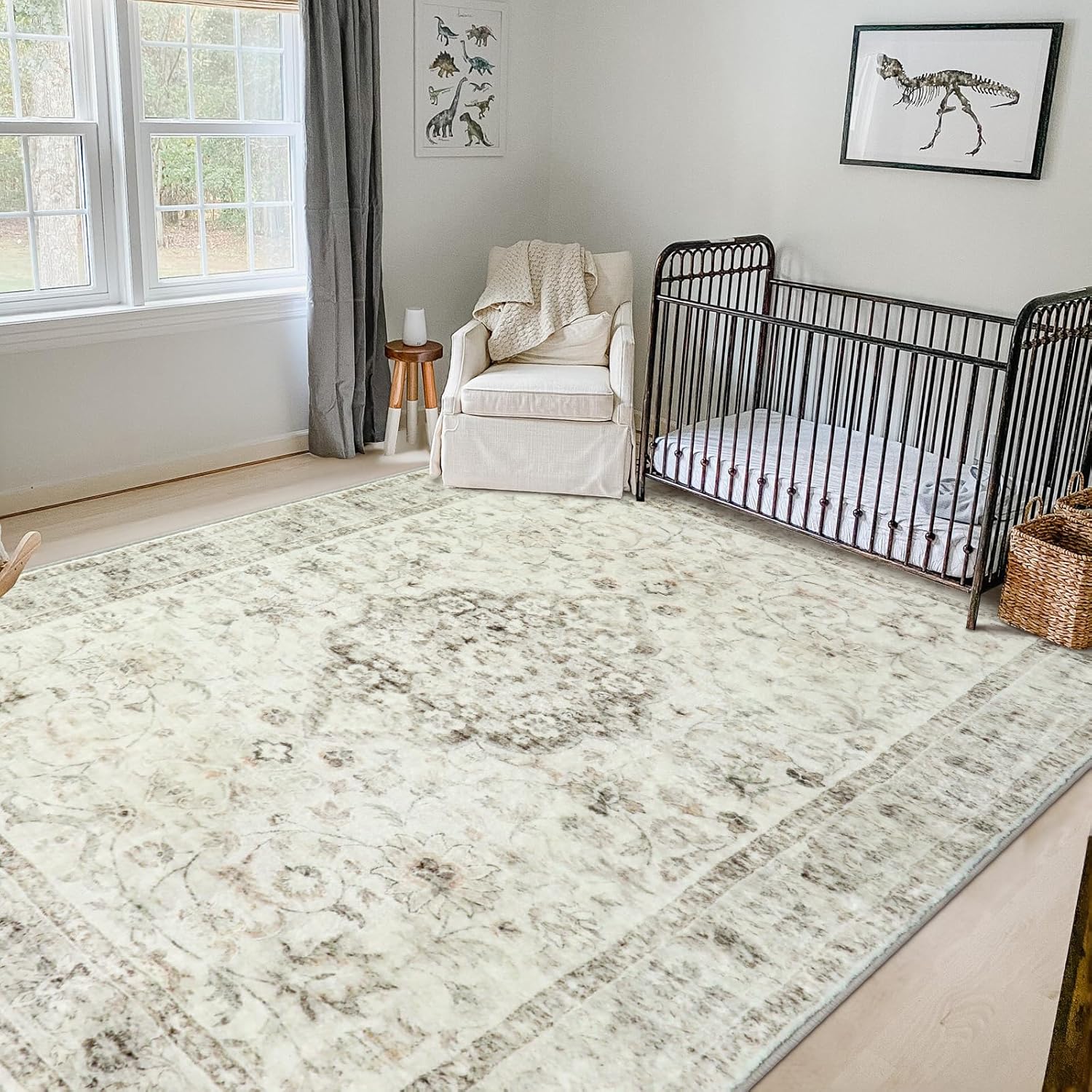 LIVEBOX Machine Washable Area Rug 8x10 Non-Slip Retro Medallion Taupe K3551