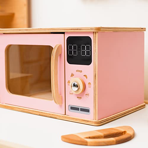 Wooden Kids Microwave Oven Montessori Toy for Toddler Play Kitchen Natural Wood Nursery Decor (Dark Walnut) J582