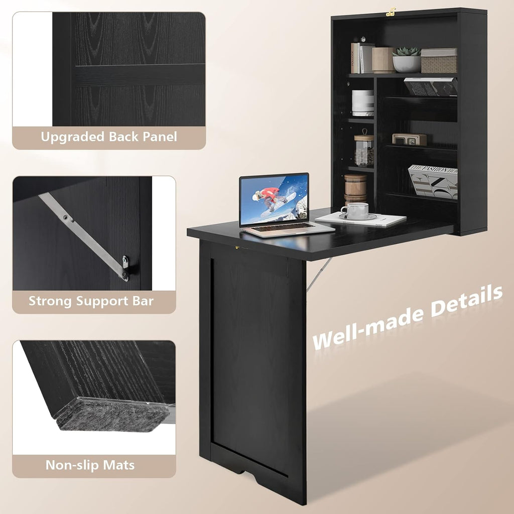 Wall Mounted Desk with Storage Shelves for Home Office, Black S5875