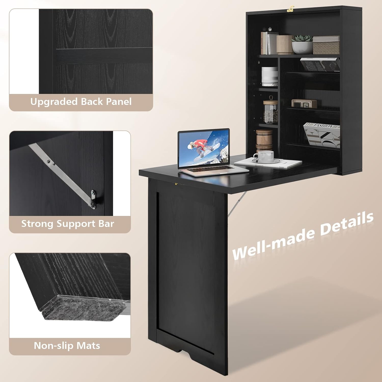 Wall Mounted Desk with Storage Shelves for Home Office, Black S5875