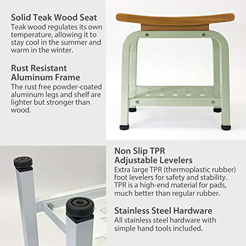 Ritz Shower Bench Teak & Aluminum Stool with Storage Shelf, Light Sage W40022