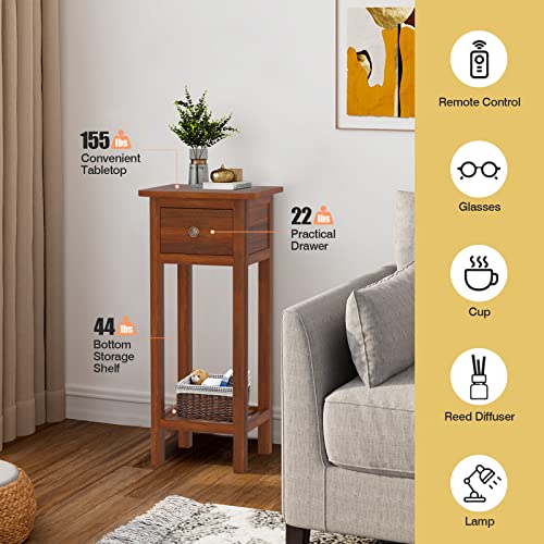 GORELAX Narrow End Table, Tall Nightstand with Drawer & Shelf, Anti-Tipping Device, White X723