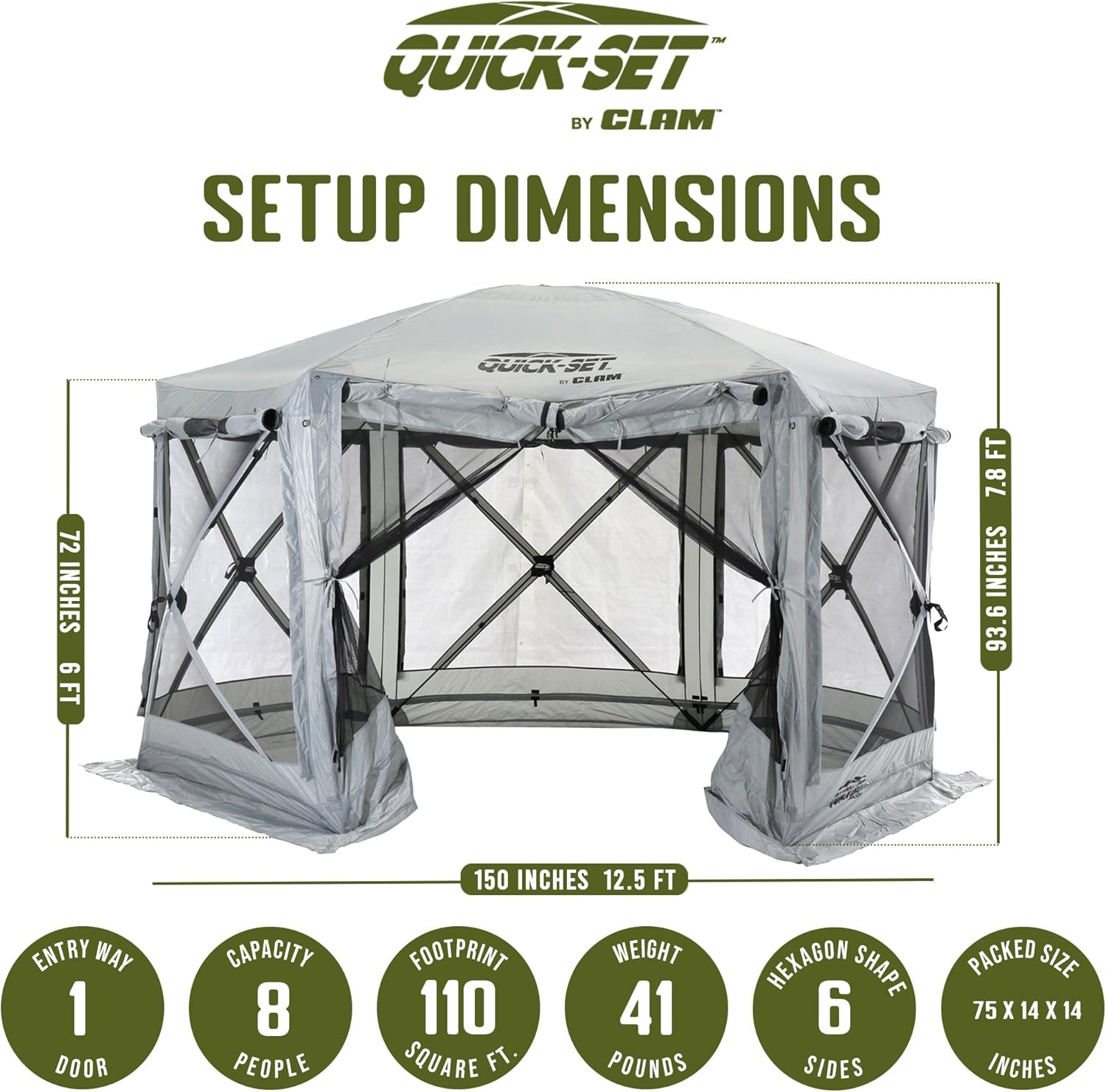 CLAM Quick-Set Pavilion 12.5 x 12.5 Ft Pop-Up Camping Screen Tent with Carry Bag, Gray F1686