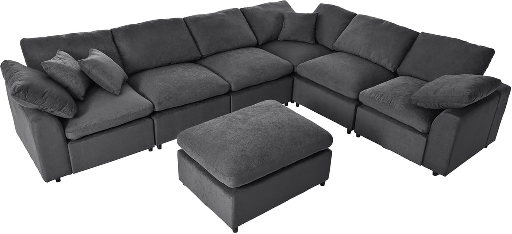 Deep Seat Convertible Modular Sectional Sofa with Movable Ottoman, 7 Seater Polyester Upholstery H8701