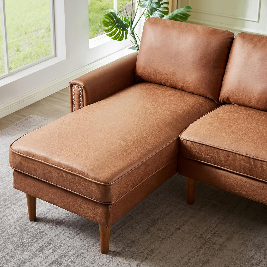 Lifeand 82.2" L-Shape Sofa Couch with Chaise, Mid-Century Copper Nail on Arms, Brown Q393
