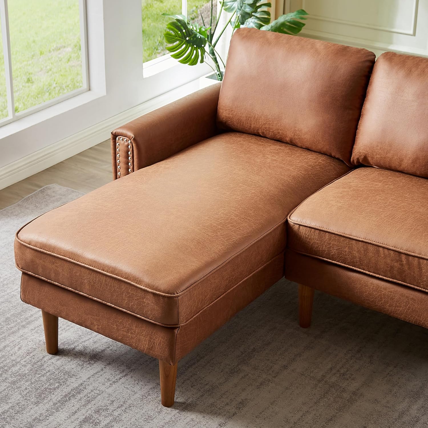Lifeand 82.2" L-Shape Sofa Couch with Chaise, Mid-Century Copper Nail on Arms, Brown Q393