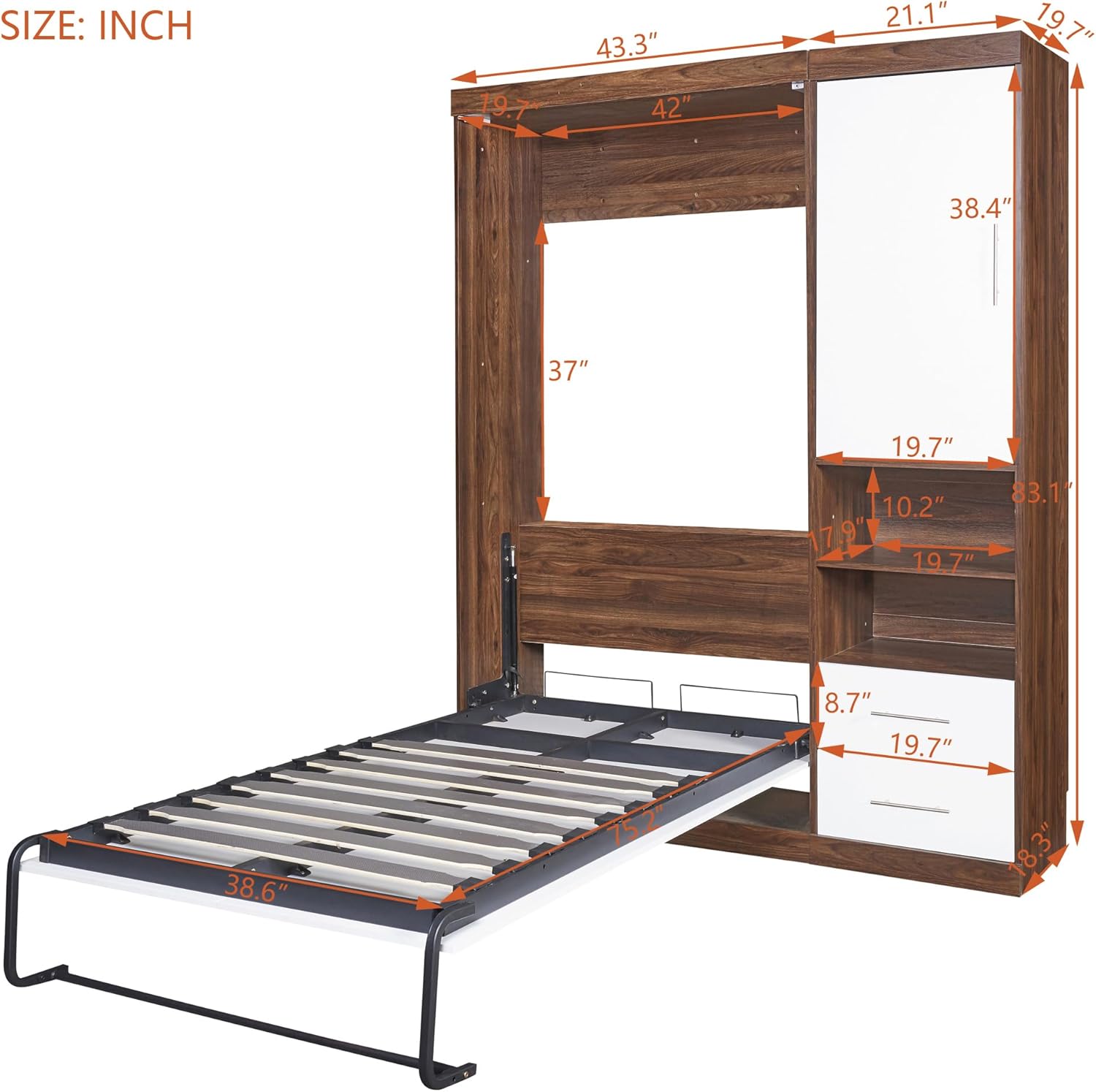 Twin Size Murphy Wall Bed with Cabinet and Storage Drawers, White R7825