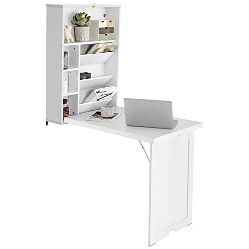 LDAILY Moccha Foldable Wall Mounted Table w/Classified Storage Space, Multiple-purpose Desk, Sturdy Wood Structure, Floating Convertible Desk/Cabinet, Ideal for Home, Apartment, Limited Room (Black)