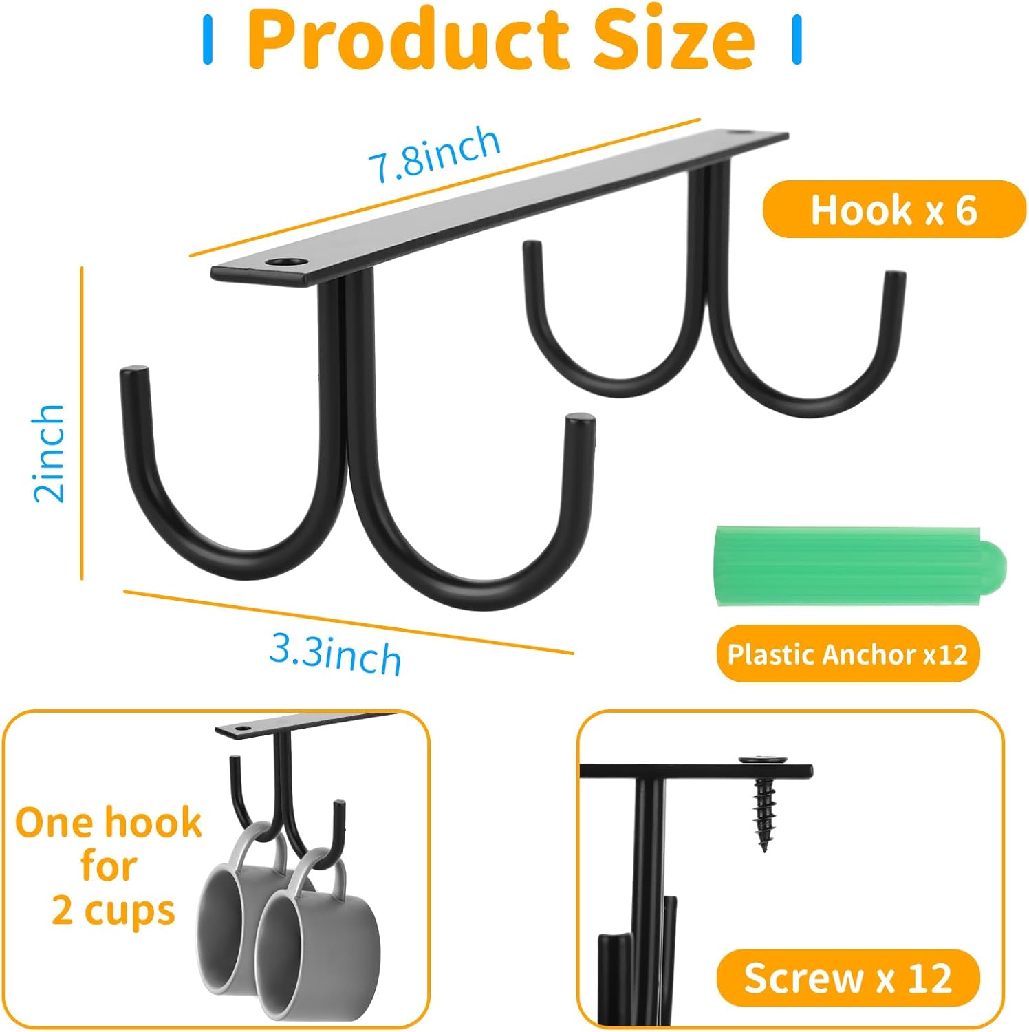 6 Pack Under Cabinet Mug Rack with 24 Hooks, Black Y97680