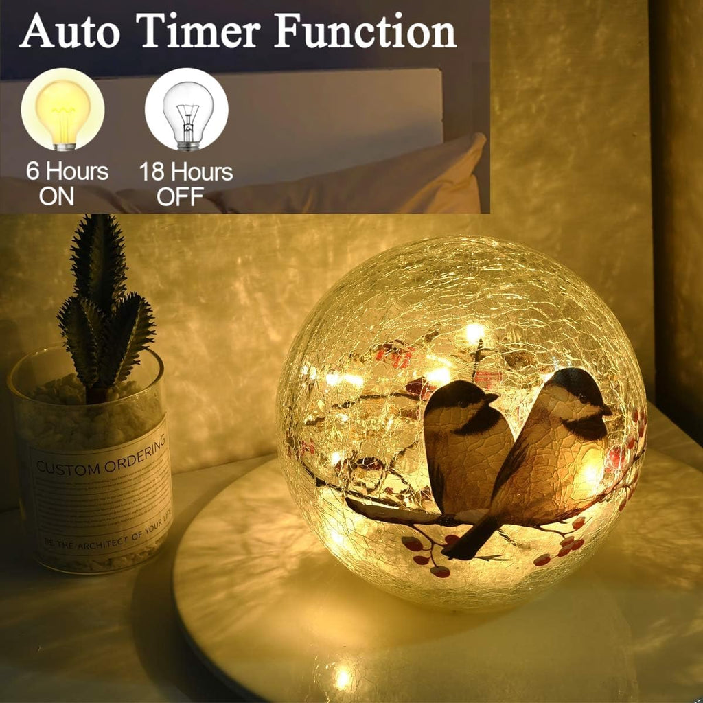 Glass Ball LED Night Lamp with Timer, 2 Birds on a Tree, Battery Powered R11635