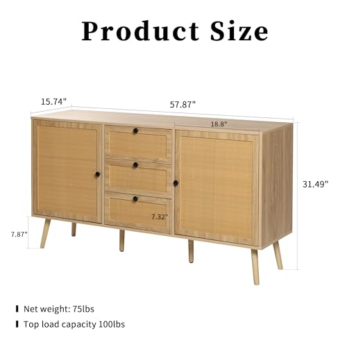 Rattan Sideboard Buffet Cabinet with 2 Doors and 3 Drawers A392923