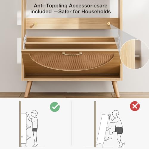 LED Rattan Shoe Storage Cabinet with 2 Flip Drawers, Narrow Wood for Entryway G427963