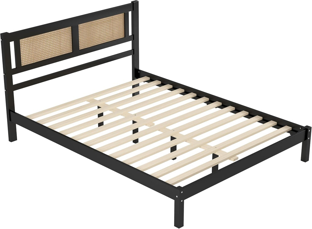 Queen Size Wooden Platform Bed with Rattan Headboard Black C842062