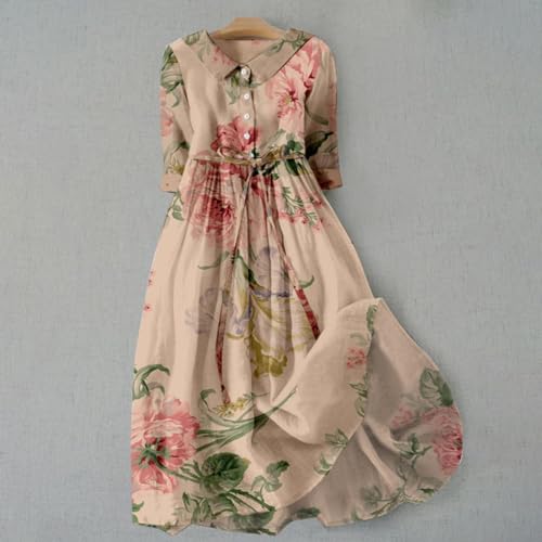 Womens Lapel Neck Boho Floral A-Line Flowy Dress E84535
