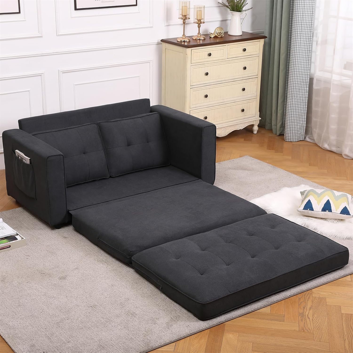 CITYLIGHT 3 in 1 Folding Sofa Bed with Storage Pockets, Linen Convertible Couch, Dark Gray D3261