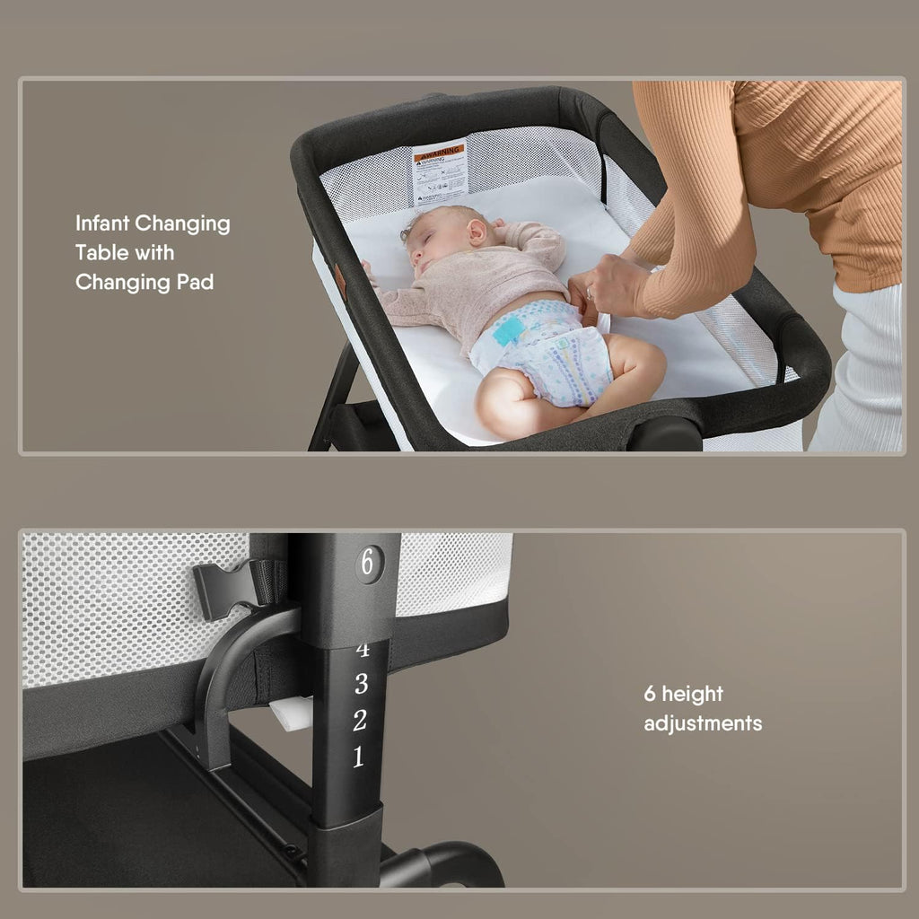 3 in 1 Baby Bassinet Bedside Crib with Soft Mattress, 6 Height Adjustable O261887