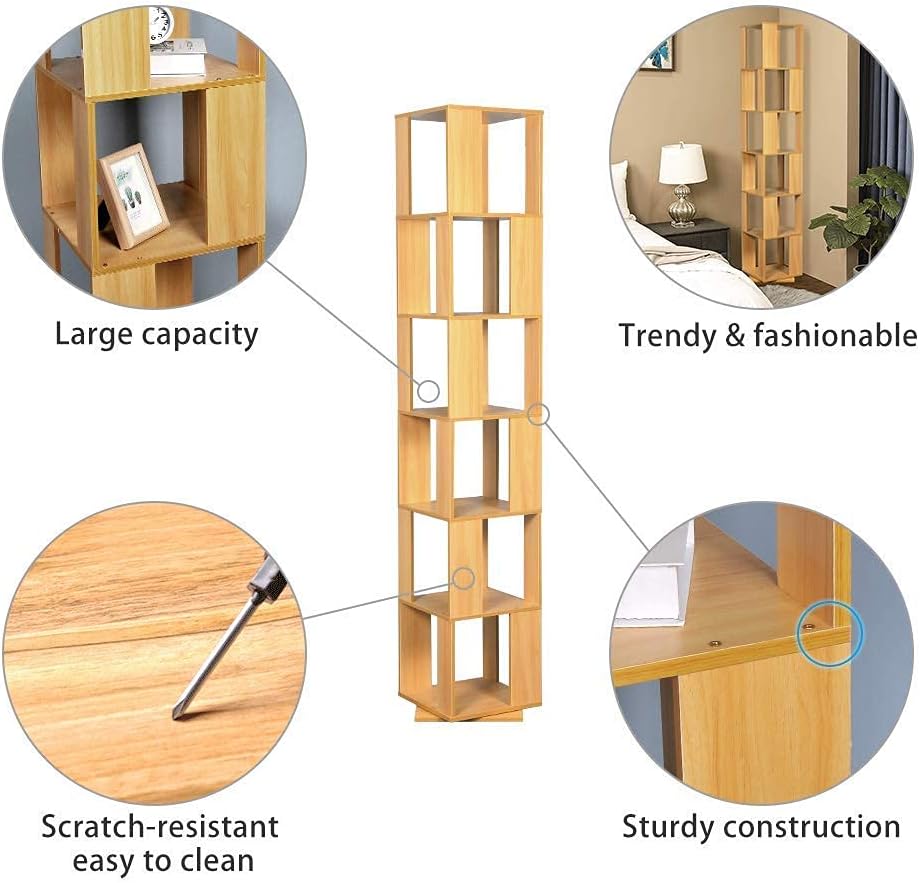 Rotating 6-Tier Wooden Corner Storage Rack Bookcase, Walnut U1265