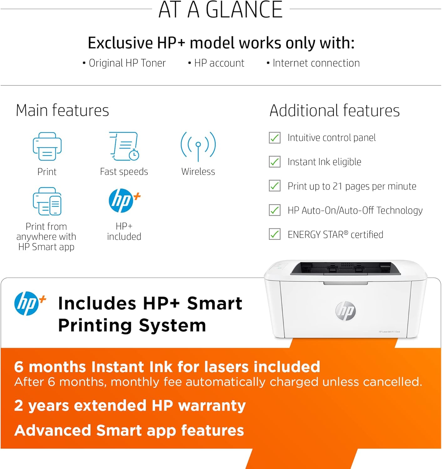 HP LaserJet M110we Wireless Black and White Printer with HP+ and 6 Months Instant Ink J631794