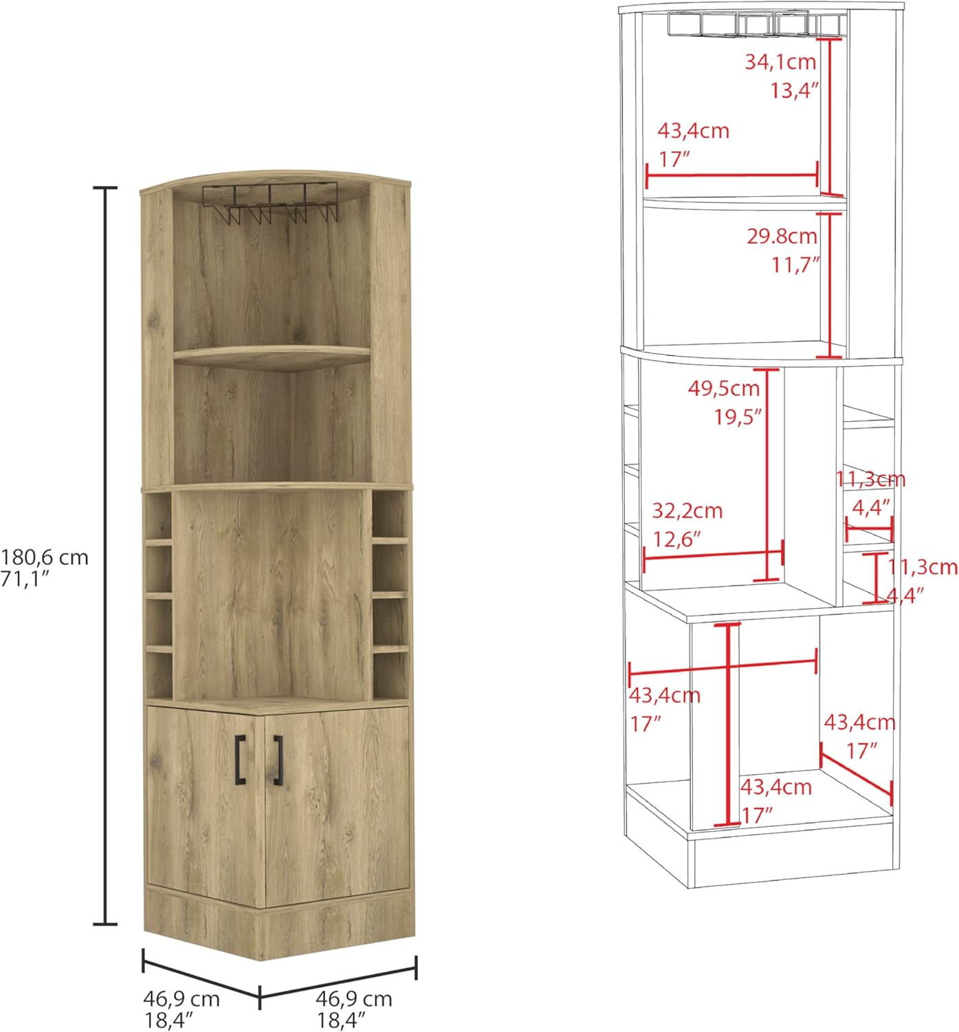 Corner Bar Cabinet with Wine Storage, Aged Oak K739