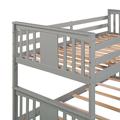 Harper & Bright Designs Solid Wood Twin over Twin Low Bunk Bed with Ladder and Guard Rail, Gray B944521