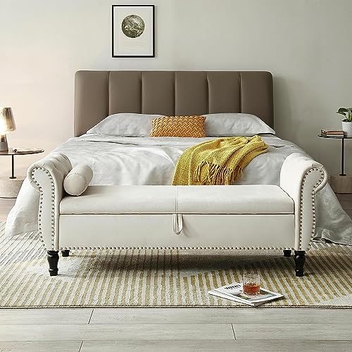 63" Button Tufted Velvet Upholstered Storage Bench & Ottoman, Grey G7109