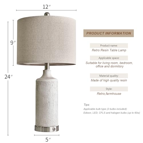 OYEARS 24" Table Lamps Set of 2, 3-Way Dimmable with USB A+C, Bulb Included W34034