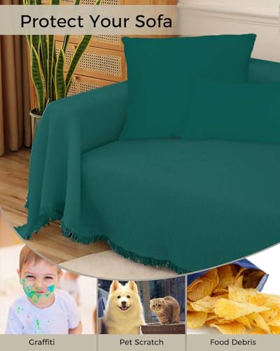 Emerald Green Tassel Couch Cover for 3 Cushion Sectional Sofa, Washable F399363