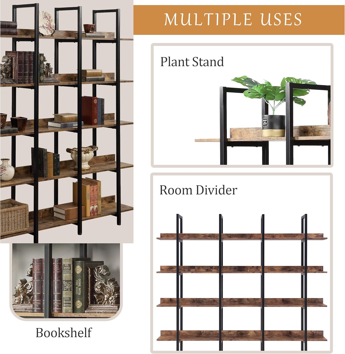 5 Tier Bookcase with Metal Frame, Vintage Industrial Style M7129