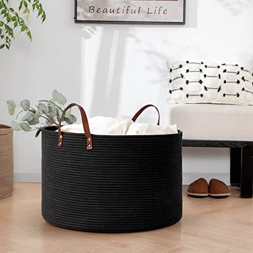 CHICVITA Woven Laundry Basket with Leather Handles, Large Storage Hamper, Dark Gray M130