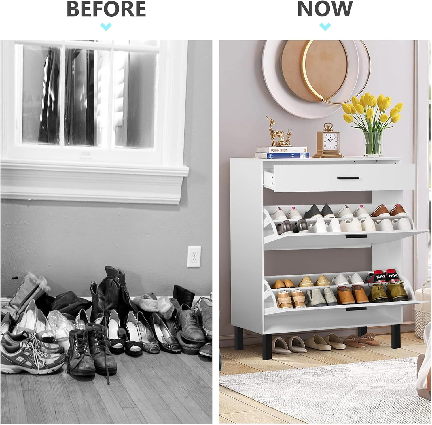 Slim Shoe Cabinet with 2 Flip Drawers White Wooden Storage for Entryway T152
