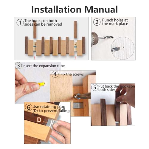 Wood Coat Rack Wall Mount with 6 Magnetic Hooks R7872